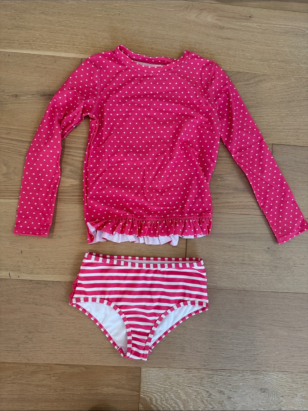 NWOT Ruffle Butts Pink Polka Dot Long Sleeve Rashguard Set with Striped Bottoms